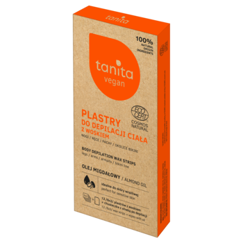 Pionowe pudełko Tanita Vegan plastrów do depilacji z woskiem i olejem migdałowym, widok frontalny.