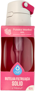 Różowa butelka filtrująca Dafi Solid 0,5L z Tritanu, w przezroczystym różowym opakowaniu, widok z przodu.