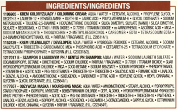 Excellence Creme Universal Nudes: tył opakowania z listą składników farby, szamponu i maski.