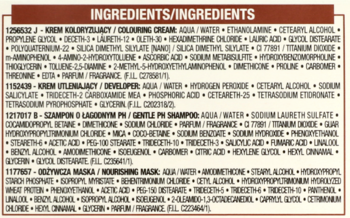 Sekcja "INGREDIENTS" farby do włosów L'Oréal Excellence Creme 3U, ze składem kremu, developera, szamponu i maski.