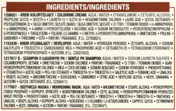 Szczegółowa lista składników farby L'Oréal Excellence Creme 3U Universal Nudes, w tym kremu i szamponu.
