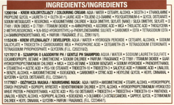 Zbliżenie na listy składników Excellence Creme Universal Nudes: krem koloryzujący, deweloper, szampon i maska.