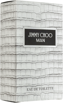 Pionowe opakowanie Jimmy Choo Man Eau de Toilette z szarą fakturą skóry krokodyla, czarną etykietą i srebrną ramką.