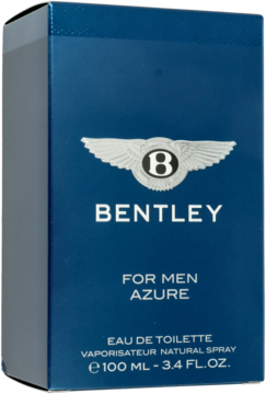 Bentley For Men Azure, niebieskie pudełko perfum, z przodu srebrne logo i nazwa, widok pod kątem.