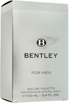 Srebrne, błyszczące pudełko Bentley For Men Eau De Toilette 100ml, z logo, widok z przodu.