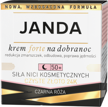 Opakowanie kremu Janda forte na dobranoc, białe ze złotymi i czarnymi detalami, czyste złoto 24K, ujęcie z przodu.