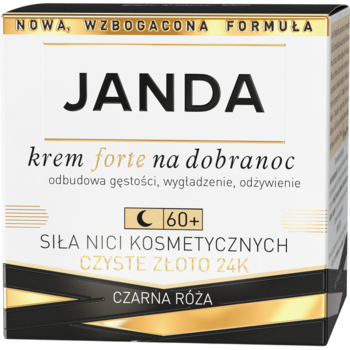 JANDA krem forte na dobranoc, czarne pudełko ze złotymi i białymi napisami, widok z przodu, z 24K złotem, dla 60+.