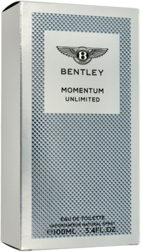 Srebrne pudełko wody toaletowej Bentley Momentum Unlimited z geometrycznym wzorem, widok z przodu.