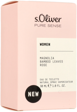 s.Oliver Pure Sense Women EDT w różowym pudełku 30 ml, widok z przodu, z nutami magnolii i róży.