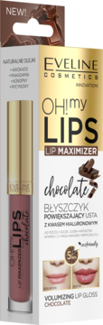 Eveline Oh! My Lips Lip Maximizer, czekoladowy błyszczyk powiększający usta, w różowo-brązowej tubce obok białego opakowania.