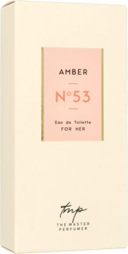 Białe pudełko perfum Amber N&deg;53 Eau de Toilette for Her od The Master Perfumer, z łososiową etykietą, widok z przodu.