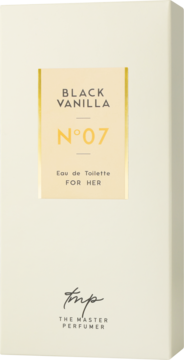 Kremowy kartonik Black Vanilla N°07 Eau de Toilette FOR HER The Master Perfumer, z złotym panelem, widok z przodu.