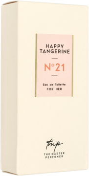 Stojące beżowe opakowanie perfum Happy Tangerine N&deg;21 Eau de Toilette dla kobiet, z brzoskwiniową etykietą.