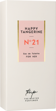 Woda toaletowa Happy Tangerine N°21 dla kobiet The Master Perfumer, białe pudełko z różowo-złotą etykietą, widok z przodu.