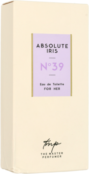 Pionowe kremowe pudełko wody toaletowej Absolute Iris N°39 The Master Perfumer, z fioletową etykietą, widok z przodu.