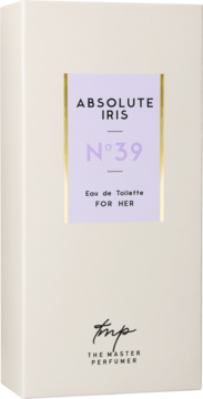 Białe, prostopadłościenne pudełko wody toaletowej Absolute Iris N°39 dla kobiet, z fioletowo-złotą etykietą, widok z przodu.