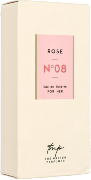 Jasne, prostokątne opakowanie perfum Rose N°08 Master Perfumer z różową etykietą, widok lekko z boku.