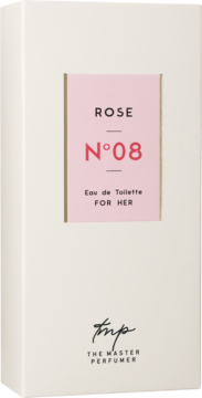 Białe opakowanie Rose N°08 Eau de Toilette FOR HER The Master Perfumer, z różową etykietą, widok z przodu.