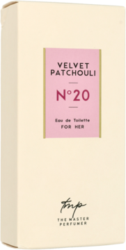 Eleganckie, beżowe pudełko perfum The Master Perfumer Velvet Patchouli N°20 for Her z różową etykietą.