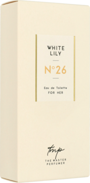 Kremowe pudełko perfum White Lily N°26 Eau de Toilette for Her The Master Perfumer, widok z przodu ze złotym panelem.