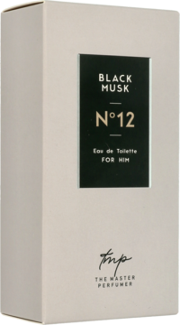 Woda toaletowa Black Musk N°12 The Master Perfumer w białym pudełku z czarną etykietą, ujęcie z przodu i boku.