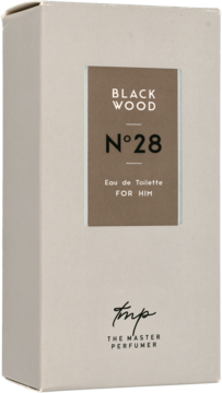 Opakowanie wody toaletowej Black Wood N&deg;28 The Master Perfumer dla mężczyzn, jasnobeżowe, widok z przodu pod kątem.