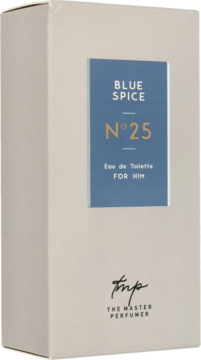 Beżowe pudełko perfum Blue Spice N°25 for Him z niebieską etykietą, widok z przodu pod kątem.