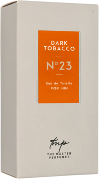 Męska woda toaletowa Dark Tobacco N°23 The Master Perfumer w białym pudełku, pomarańczowa etykieta, widok z przodu pod kątem.