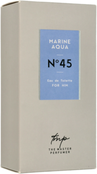 Opakowanie męskiej wody toaletowej The Master Perfumer Marine Aqua N°45, beżowe, widok z przodu i boku.