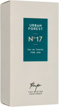Białe pudełko wody toaletowej Urban Forest N&deg;17 FOR HIM, z ciemnozieloną etykietą, logo The Master Perfumer.