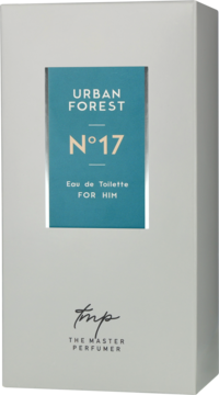 Męska woda toaletowa Urban Forest N°17, białe pudełko z turkusową etykietą, widok z przodu, logo The Master Perfumer.