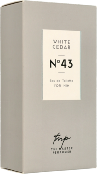 Jasnoszare pudełko męskiej wody toaletowej The Master Perfumer White Cedar N°43, widok z przodu.