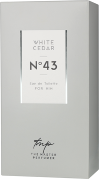 Szare opakowanie wody toaletowej White Cedar N°43 dla mężczyzn od The Master Perfumer, widok lekko pod kątem.