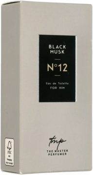 Męska woda toaletowa Black Musk N°12 The Master Perfumer, jasnoszare pudełko z czarną etykietą i złotym napisem.