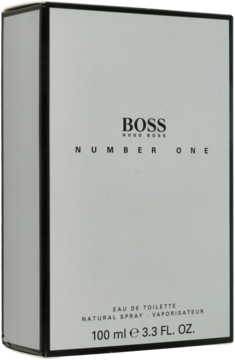 Hugo Boss Number One Eau de Toilette 100 ml w srebrnoszarym kartoniku, widok z przodu pod kątem.