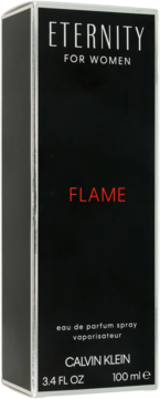 Czarny kartonik Calvin Klein Eternity Flame For Women EDP, z czerwonym napisem FLAME, lekko pod kątem.