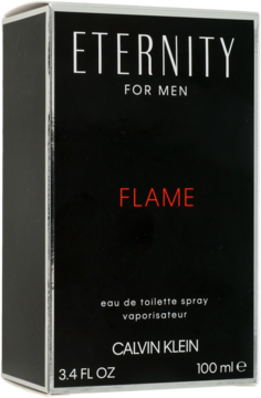 Czarne pudełko Eternity Flame For Men Calvin Klein, woda toaletowa, z czerwonym napisem FLAME, widok z przodu.
