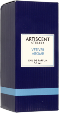 Opakowanie wody perfumowanej Artiscent Atelier Vetiver Arome 50ml, ciemnoniebieskie z jasnym paskiem, widok z przodu.