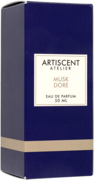 Granatowe pudełko Artiscent Atelier Musk Dore Eau de Parfum 50ml z beżowym paskiem, widok z przodu.