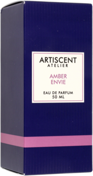 Artiscent Atelier Amber Envie woda perfumowana, granatowe pudełko z różowo-fioletową etykietą i paskiem, widok z przodu.
