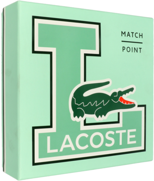 Jasnomiętowe pudełko zestawu zapachowego Lacoste Match Point dla mężczyzn, z dużą literą L i zielonym logo krokodyla.