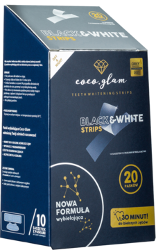 Coco Glam Black & White paski wybielające zębów, czarne opakowanie ze złotymi i białymi napisami, widok ukośny.