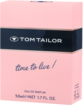 Tom Tailor Time to Live! woda perfumowana w różowym pudełku z niebieskim paskiem, widok z przodu, 50ml.