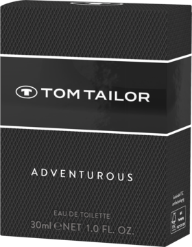 Czarne pudełko męskiej wody toaletowej Tom Tailor Adventurous 30ml, widok z przodu ze srebrnym pasem.