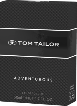 Ciemnoszare opakowanie Tom Tailor Adventurous Eau de Toilette z błyszczącą srebrną opaską, widok z przodu.