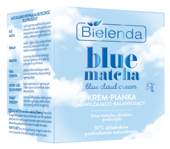Bielenda Blue Matcha Blue Cloud Cream, krem-pianka nawilżająco-balansujący, w niebieskim słoiczku z chmurami, widok z przodu.