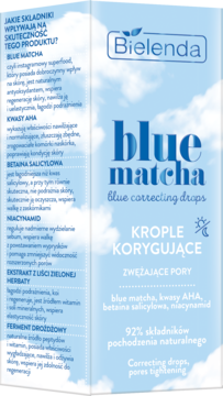 Bielenda Blue Matcha Blue Correcting Drops, krople korygujące do zwężania porów. Biało-niebieskie opakowanie, widok z przodu.