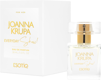 Białe pudełko i butelka wody perfumowanej Joanna Krupa Everyday Show! dla kobiet, złote napisy, stojące obok siebie.