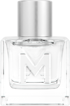 Mexx Simply for Men EDT w przezroczystej butelce z literą M i srebrną nakrętką, widok z przodu.