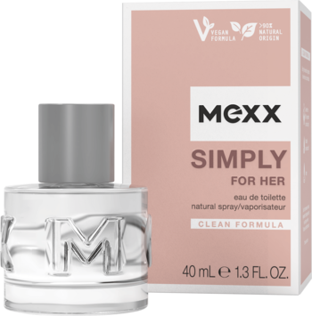 Butelka wody toaletowej Mexx Simply For Her, przezroczysta z logo, obok różowego pudełka "Clean Formula".